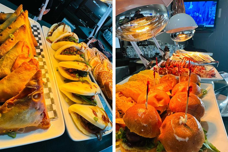 Catering trays of sliders and baked snacks at Forest Bar and Grill, Sioux Lookout